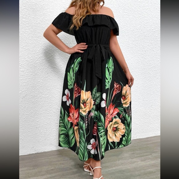 Plus size floral print off shoulder belted ruffle trim maxi dress - Picture 2 of 8